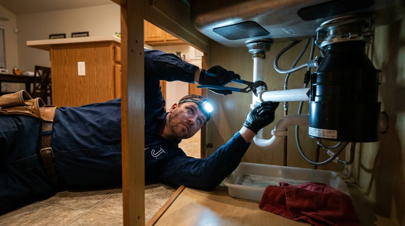 P-trap and supply line connections under a kitchen sink showing a common leak point in Franklin, NJ